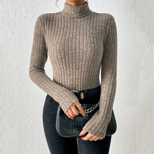 Sweat-shirt femme col roulé – Coupe ajustée – Maille côtelée – Mélange Laine douce