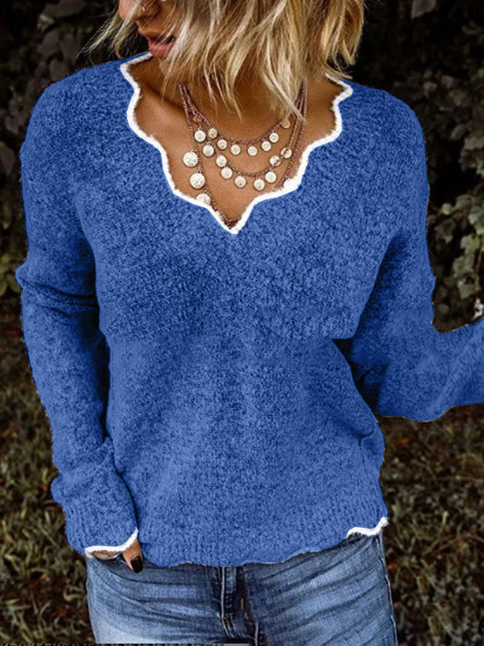 Pull femme – Coupe décontractée – Maille laine – Col festonné élégant