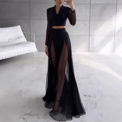 Ensemble Femme – Top Court Manches Longues en Tulle – Jupe Longue Évasée Fendue