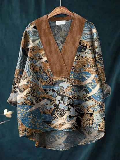 Chemise femme manches longues – Coupe décontractée – V-col – Tissu respirant – Motifs imprimés