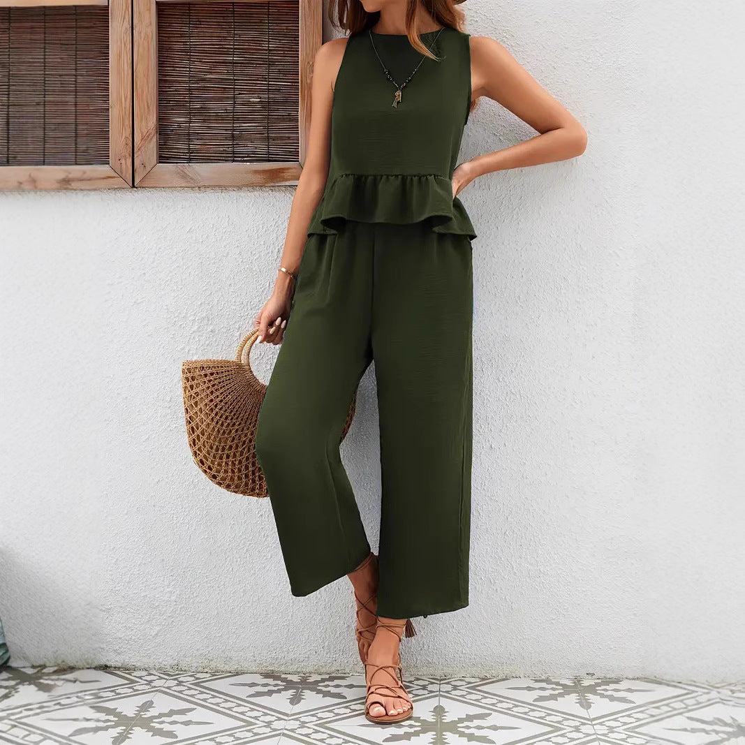 Ensemble femme pantalon et gilet – Tissu respirant – Coupe ample fluide – Détail volanté