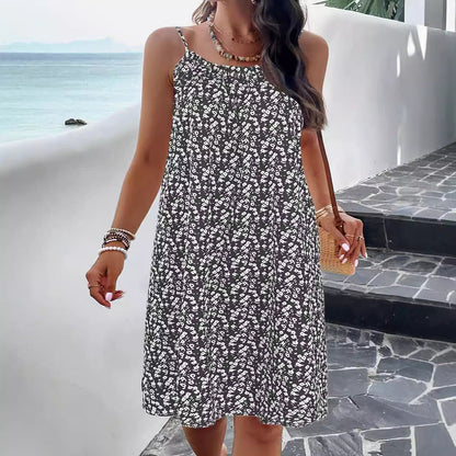 Robe trapèze femme – Imprimé fleuri – Bretelles fines – Coupe fluide – Longueur genou