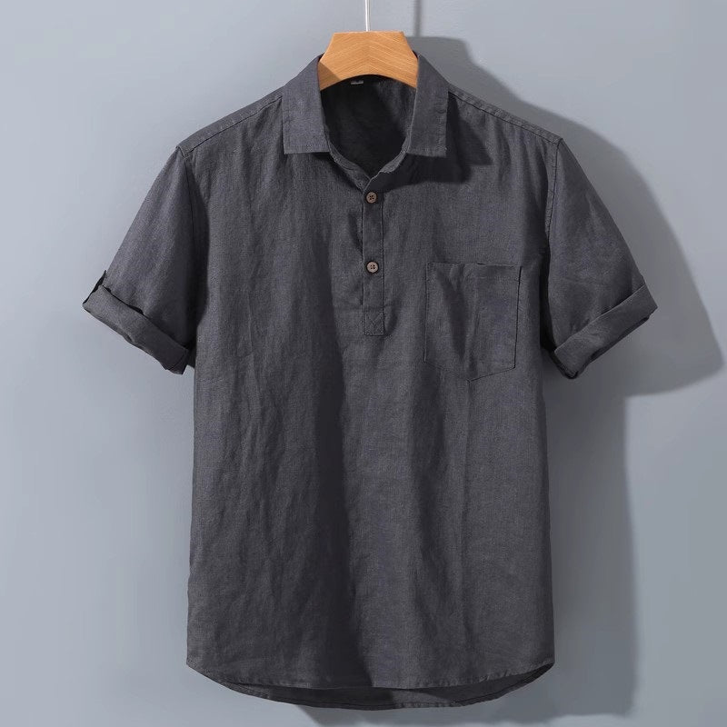 Polo homme – Lin léger – Coupe décontractée – Manches courtes retroussables – Poche poitrine