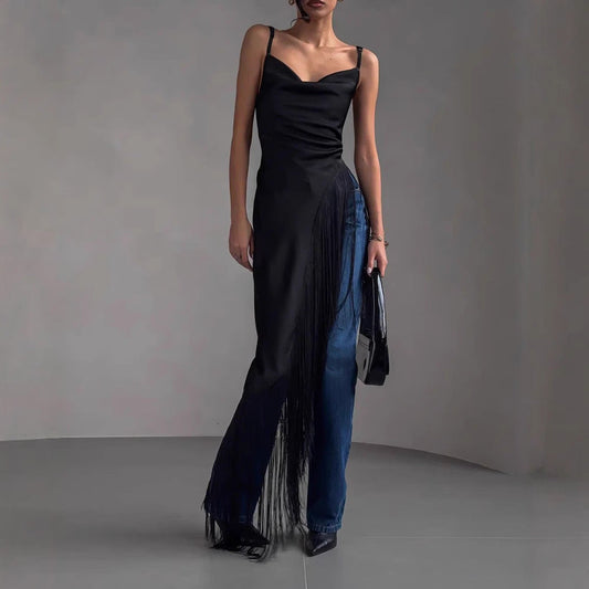 Top sans manches femme – Coupe slim – Encolure plongeante – Finition satinée – Détail à franges