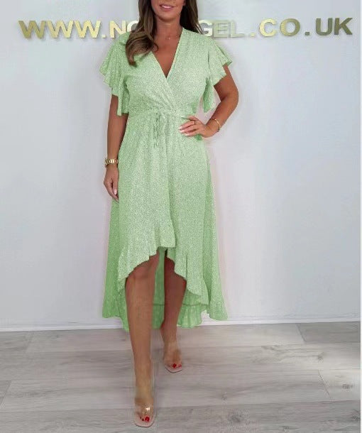 Robe portefeuille femme – Tissu léger respirant – Manches volantées – Ourlet asymétrique