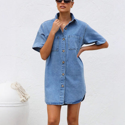 Robe chemise femme – Jean souple – Coupe oversize – Manches courtes – Boutonnée
