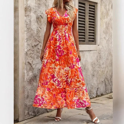 Robe longue sans manches femme – Imprimé fleuri – Col en V – Taille élastiquée – Coupe fluide