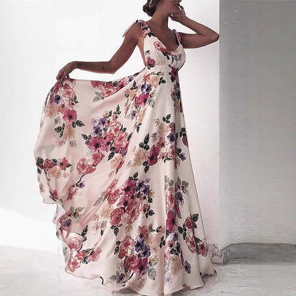 Robe longue femme – Dos nu – Coupe évasée – Bretelles fines – Imprimé fleuri