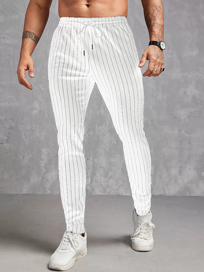 Pantalon skinny homme – Coupe slim – Taille élastique – Rayé – Tissu léger respirant