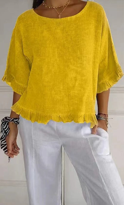 Blouse femme manches courtes – Coupe fluide – Lin et coton – Col rond – Finitions volantées
