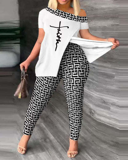Ensemble Femme – Top Épaule Dénudée Détente – Pantalon Ajusté à Motifs – Tissu Léger