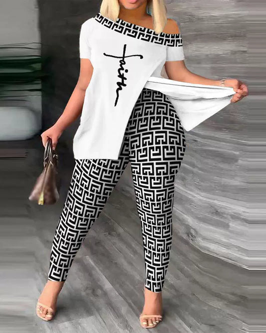 Ensemble Femme – Top Épaule Dénudée Détente – Pantalon Ajusté à Motifs – Tissu Léger