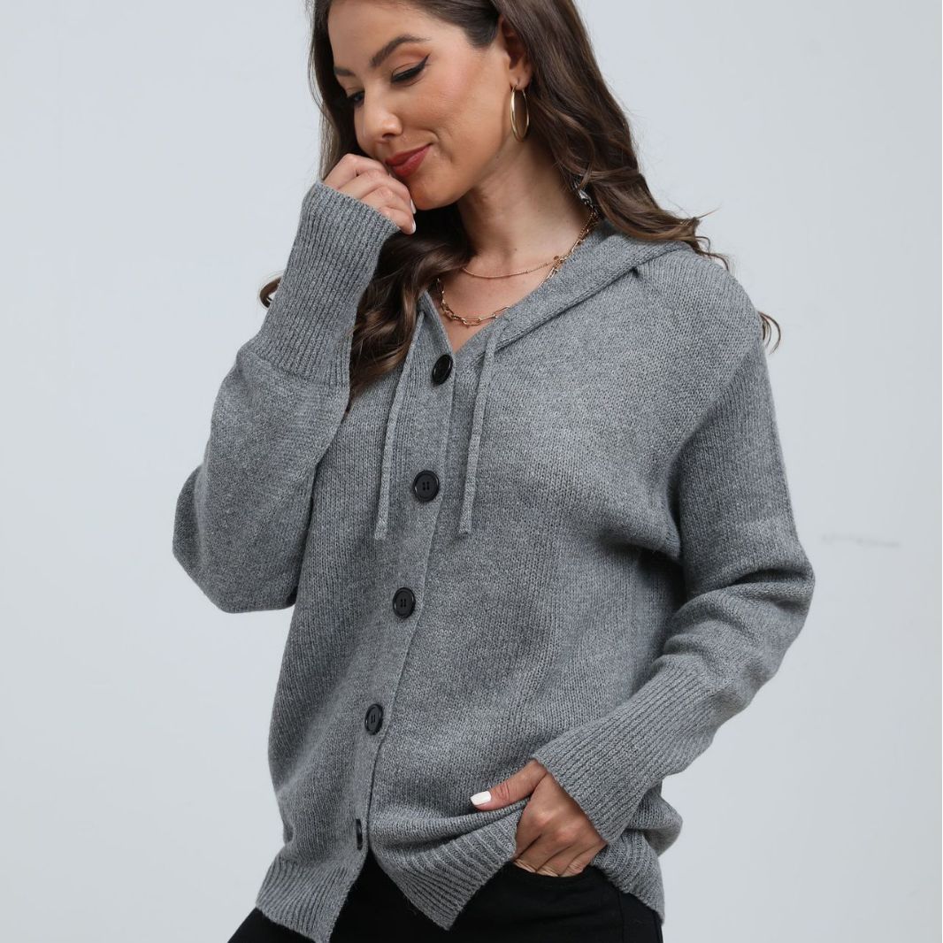 Cardigan femme à capuche – Maille douce – Coupe ample – Boutons – Finition côtelée