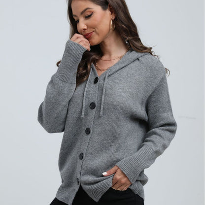 Cardigan femme à capuche – Maille douce – Coupe ample – Boutons – Finition côtelée