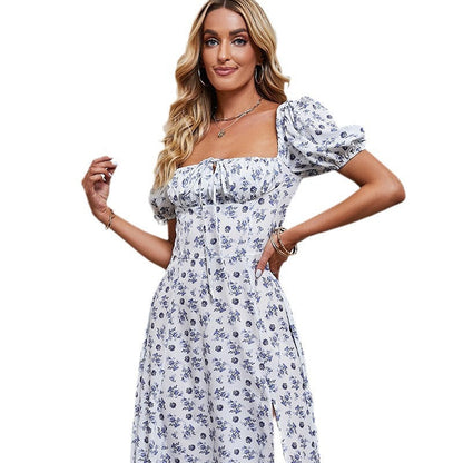 Robe midi femme – Coupe évasée – Manches bouffantes – Nœud poitrine – Fente frontale