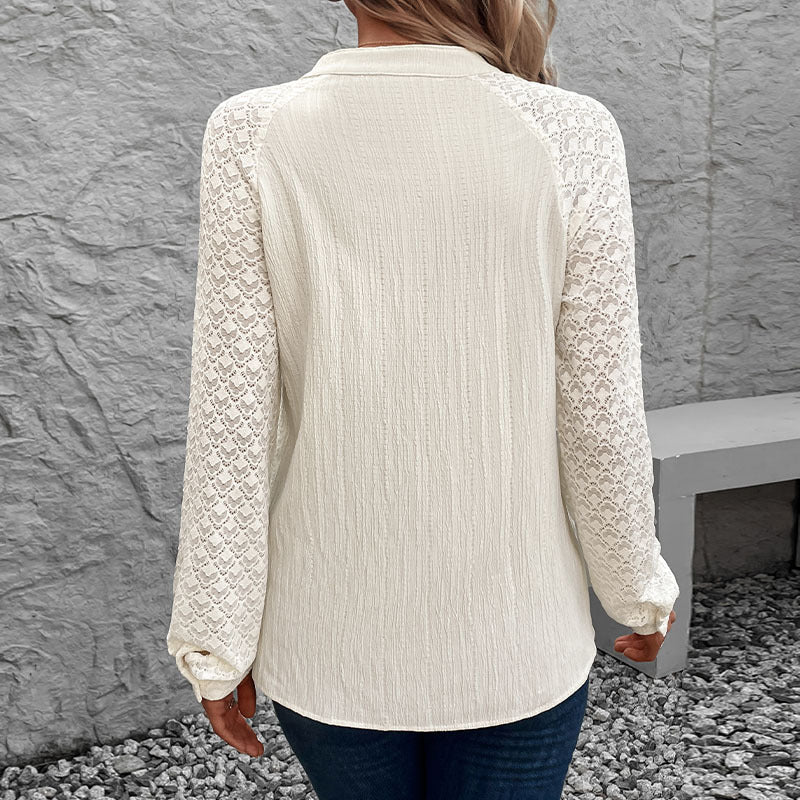 Blouse femme – Coupe fluide – Manches longues dentelle – Tissu luxueux texturé