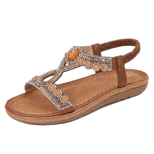 Sandales femme – Semelle plate – Bride élastique – Perles et cristaux boho chic