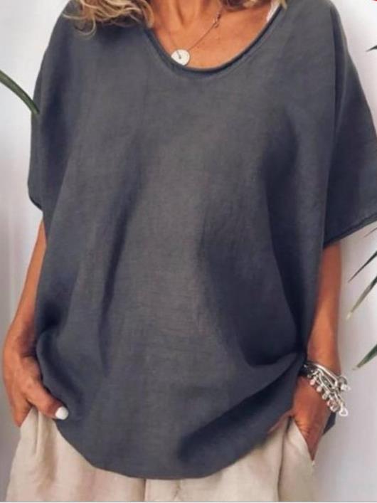 T-shirt femme – Coupe décontractée – En coton et lin – Col V – Manches courtes