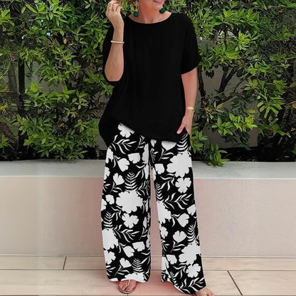 Pantalon large femme – Coupe fluide – Imprimé floral – Tissu lin léger