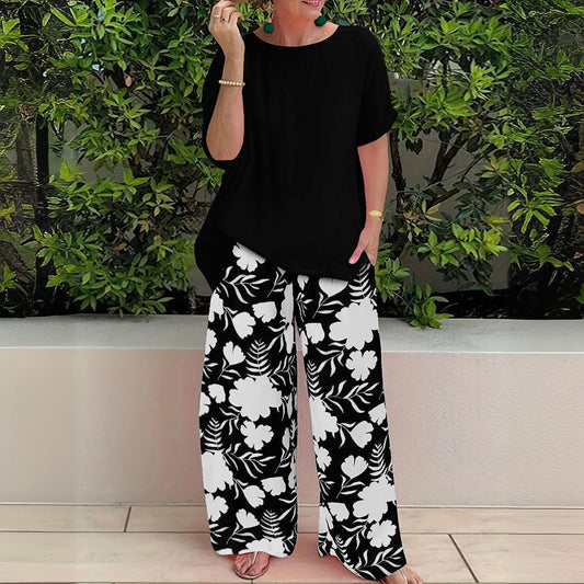 Pantalon large femme – Coupe fluide – Imprimé floral – Tissu lin léger