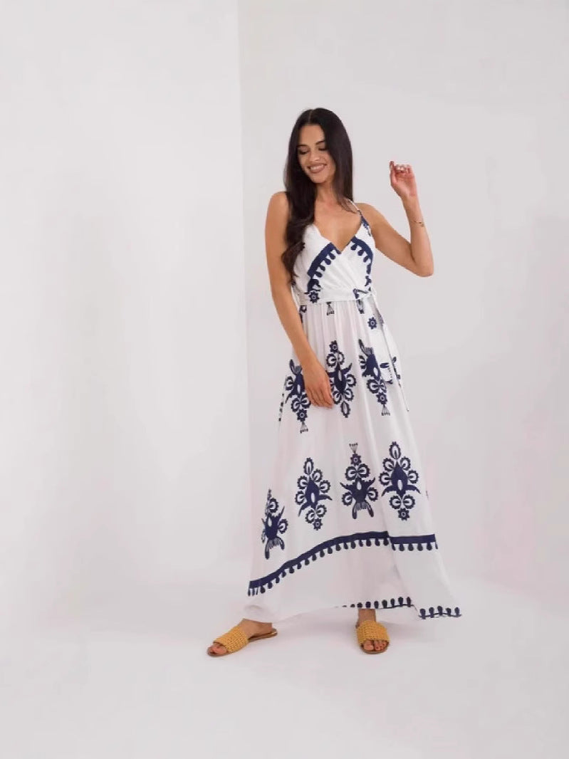 Robe longue femme – Coton léger – Sans manches – Col en V – Taille empire – Imprimée