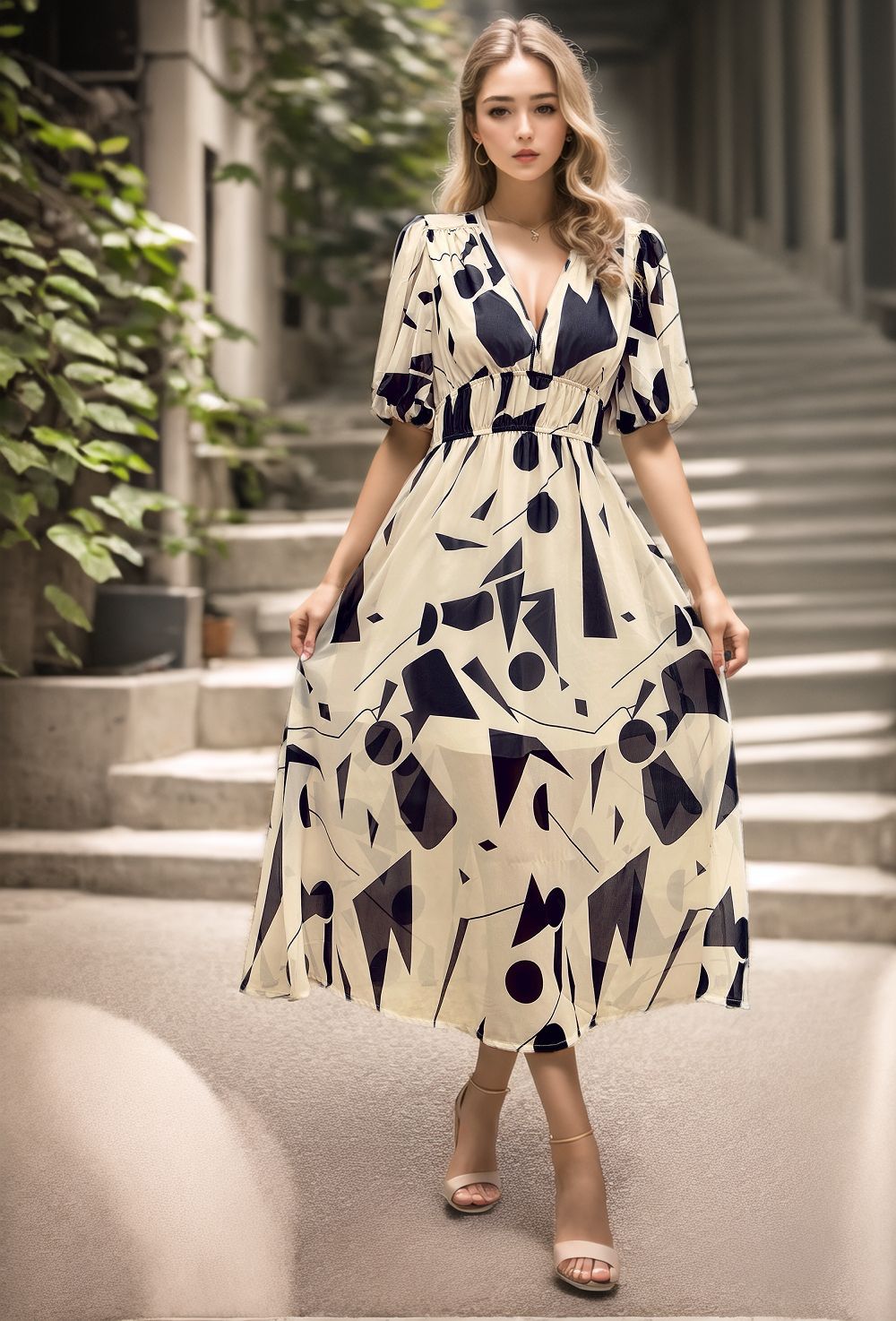 Robe midi femme – Taille cintrée – Manches bouffantes – Décolleté en V – Tissu respirant