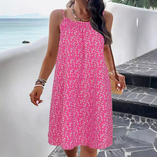 Robe trapèze femme – Imprimé fleuri – Bretelles fines – Coupe fluide – Longueur genou