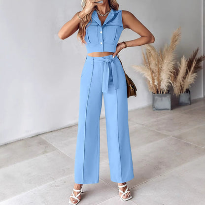 Ensemble Femme – Top Court Sans Manches à Col Boutonné – Pantalon Large Taille Haute Ceinturé