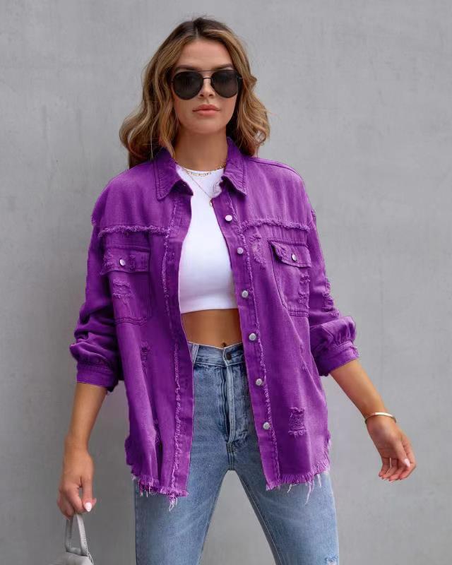 Veste en jean femme – Coupe oversize – Délavage effet usé – Longueur mi-hanches