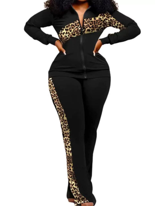Ensemble Femme Pantalon Deux Pièces – Coupe Slim – Imprimé Animal – Zip Frontal