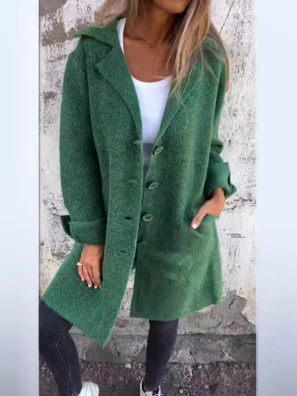 Manteau mi-long femme – Coupe décontractée – Effet laine – Col à revers – Boutonnage simple