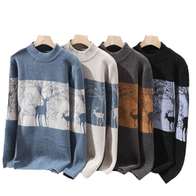 Homme Pull - Laine Mélangée - Col Montant - Motif Cerf - Manches Longues