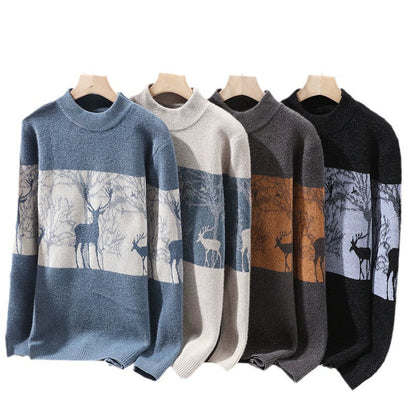 Homme Pull - Laine Mélangée - Col Montant - Motif Cerf - Manches Longues