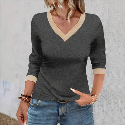 T-shirt femme col V – Maille douce – Coupe décontractée – Manches 3/4 – Finition épurée