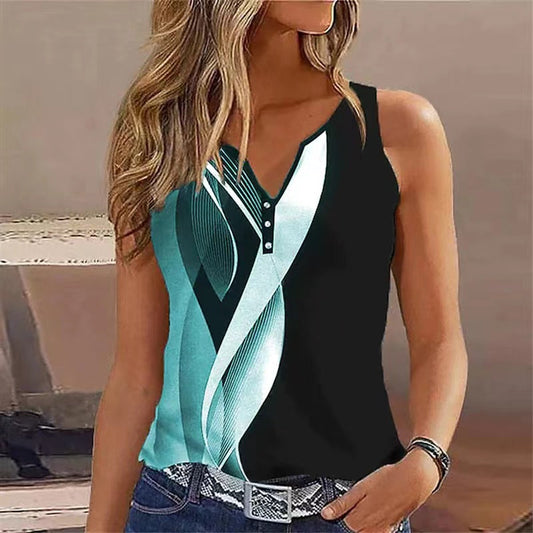 Top sans manches femme – Col V – Coupe fluide – Boutons décoratifs – Imprimé moderne