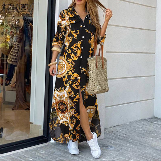 Robe longue imprimée à col boutonné et manches longues pour femme