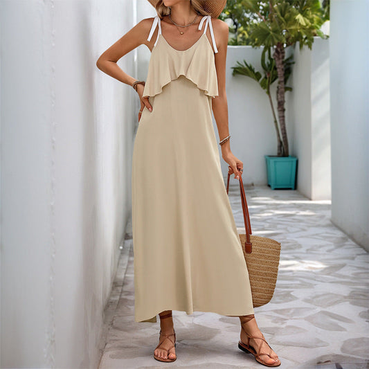 Robe sans manches femme – Coton léger – Coupe ample – Bretelles à nouer – Longueur maxi