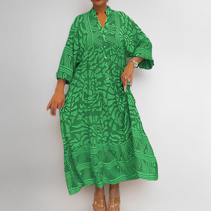 Robe midi femme – Coupe décontractée – Imprimé abstrait – Boutonnage frontal – Col montant – Manches 3/4 – Tissu léger
