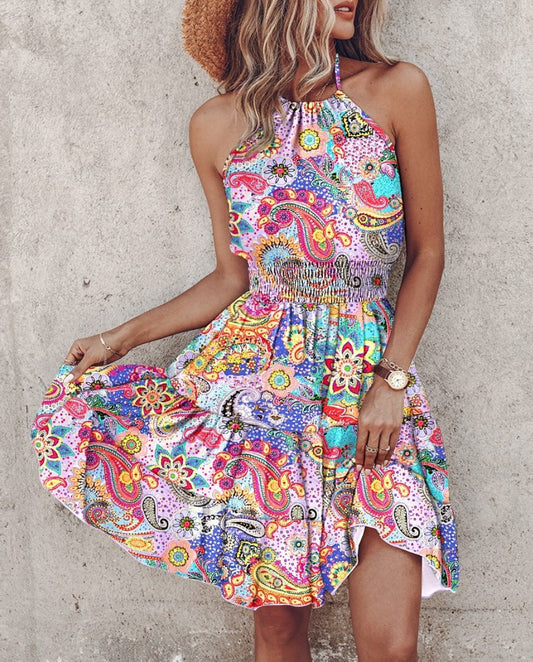 Robe femme col halter – Coupe fluide – Coton – Taille smockée – Longueur midi