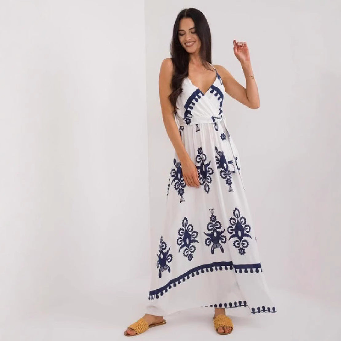 Robe longue femme – Coton léger – Sans manches – Col en V – Taille empire – Imprimée
