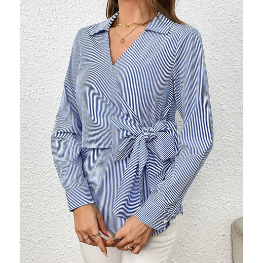 Chemise femme – Coupe cintrée – Style portefeuille – Rayures verticales – Manches longues