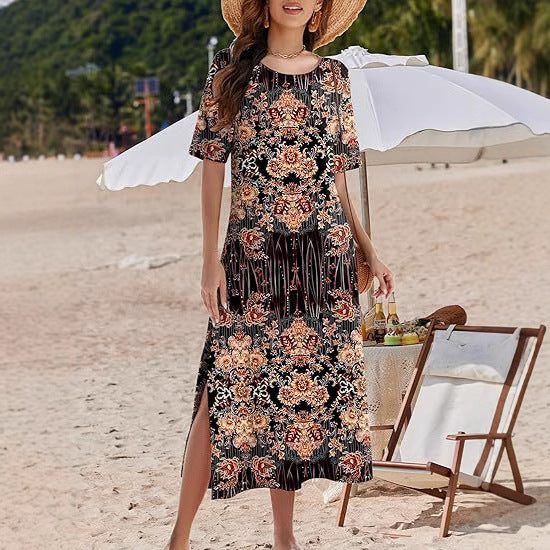 Robe longue femme – Coupe fluide – Imprimé fleuri – Style bohème – Fentes côtés