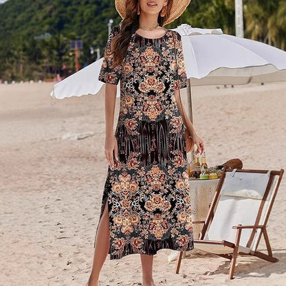 Robe longue femme – Coupe fluide – Imprimé fleuri – Style bohème – Fentes côtés