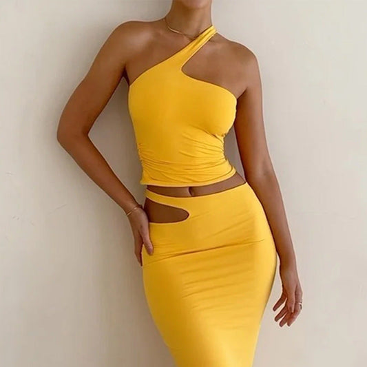 Ensemble Jupe Femme – Coupe Slim – Top Asymétrique – Jupe Midi à Découpe