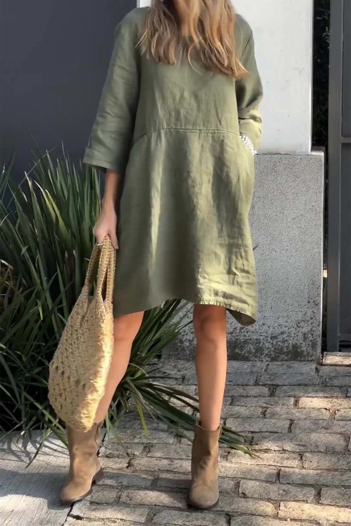 Robe femme – Coupe droite – Tissu coton lin – Manches 3/4 – Longueur genou – Poches