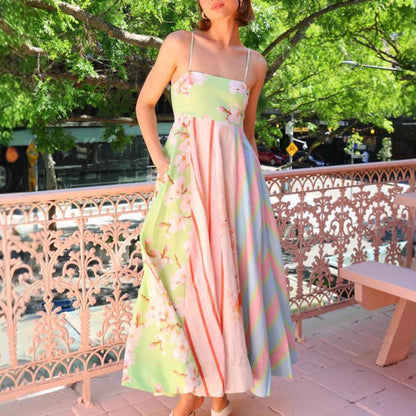 Robe longue femme – Coupe fluide – Bretelles fines – Motif graffiti floral coton