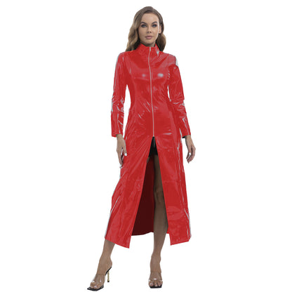 Veste longue en cuir brillant pour femme - Fermeture éclair intégrale - Col montant