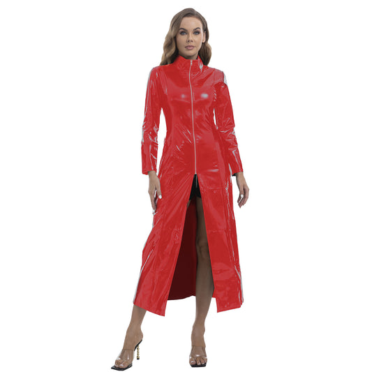 Veste longue en cuir brillant pour femme - Fermeture éclair intégrale - Col montant