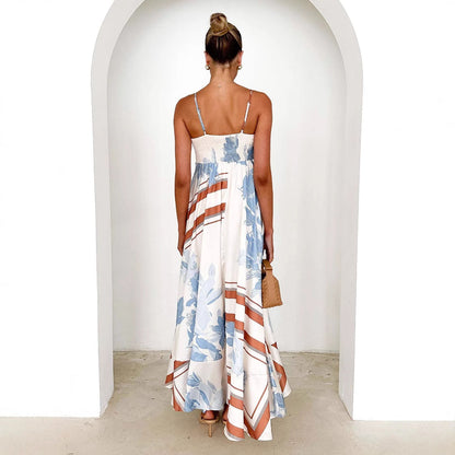 Robe longue femme – Dos nu – Bretelles fines – Coupe évasée – Tissu léger floral