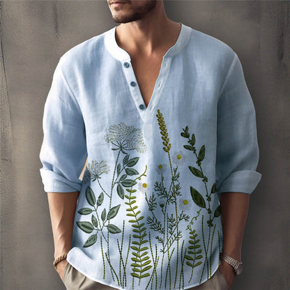Chemise homme – Coupe décontractée – Coton respirant – Col Henley – Broderie florale